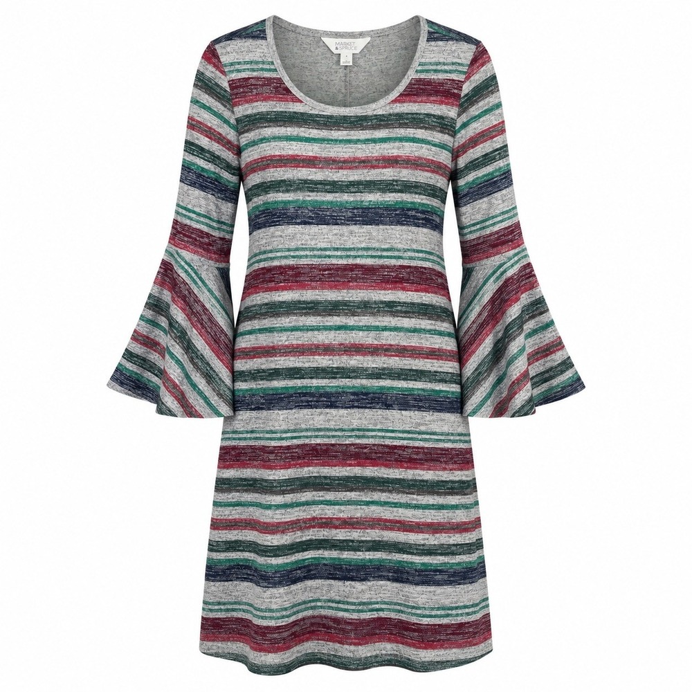 Market & Spruce Women's Large Gray Striped Bell Sleeve Knit Dress Boho Shift